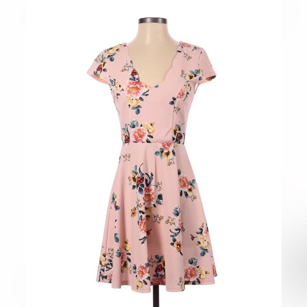Three Pink Hearts lace and floral pink fit and flare dress, size small